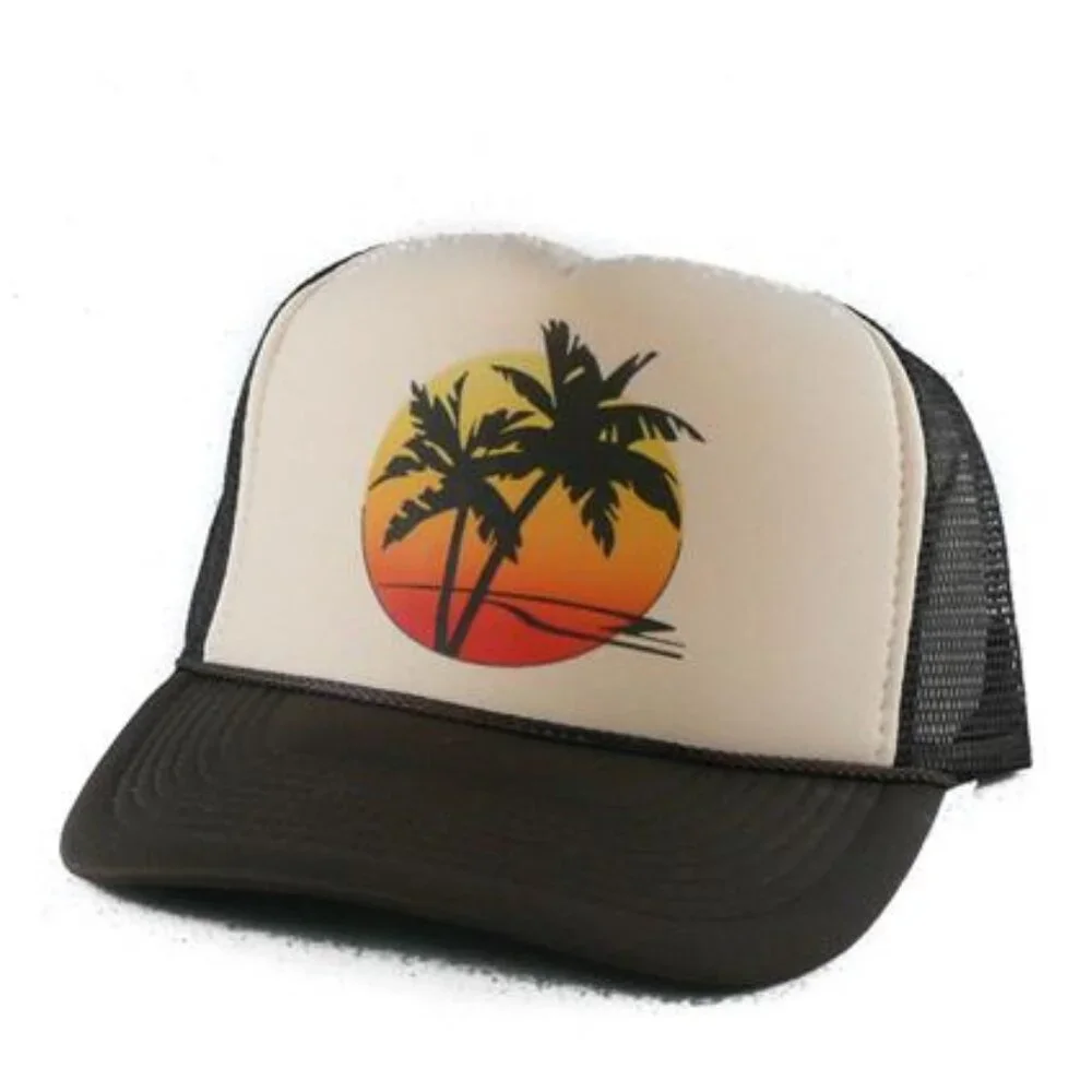 Sunset Palm Brown Trucker Hat Cap Retro Mesh Brach Wear Vintage Style USA Print